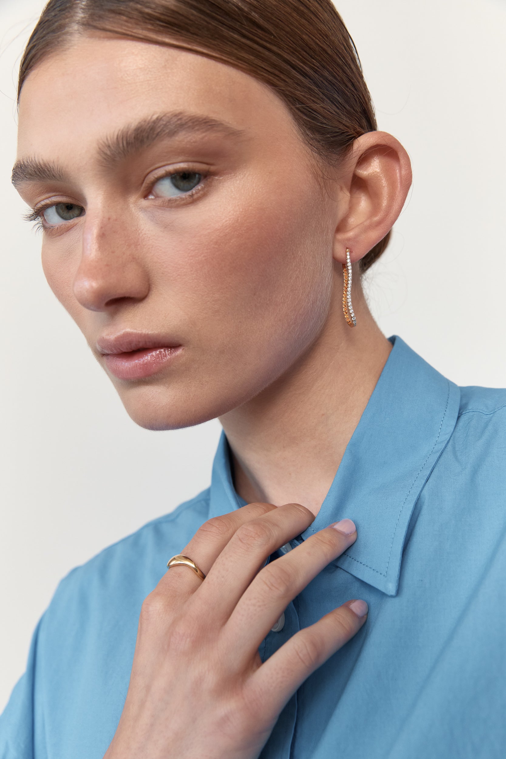 Flash Jewellery Fiasco Paved Hoop Earrings with Tangerine Gemstones in 14k Gold Vermeil on model side profile
